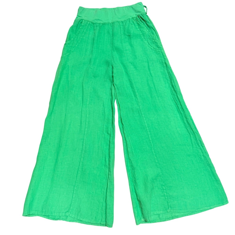 Italian Bright Green 100% Linen Wide Leg Elastic Waist Palazzo Pants S Boho